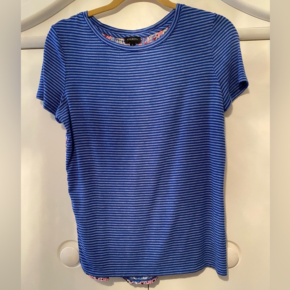 Talbots Navy Striped Floral Short Sleeve Tee